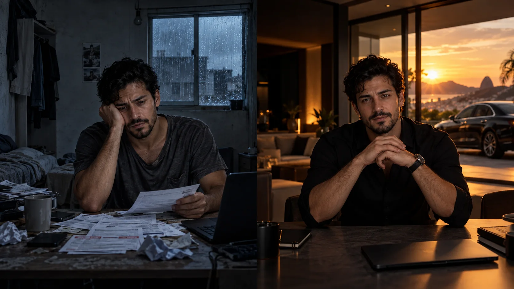 Conceptual depiction of the same man before and after rebuilding his routine